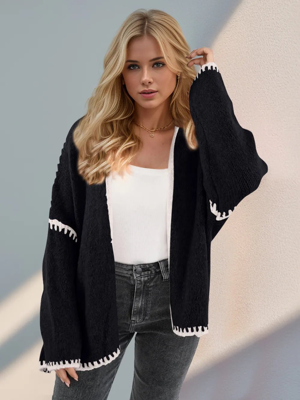 Double Take Contrast Open Front Dropped Shoulder Cardigan - MAD RUFFI