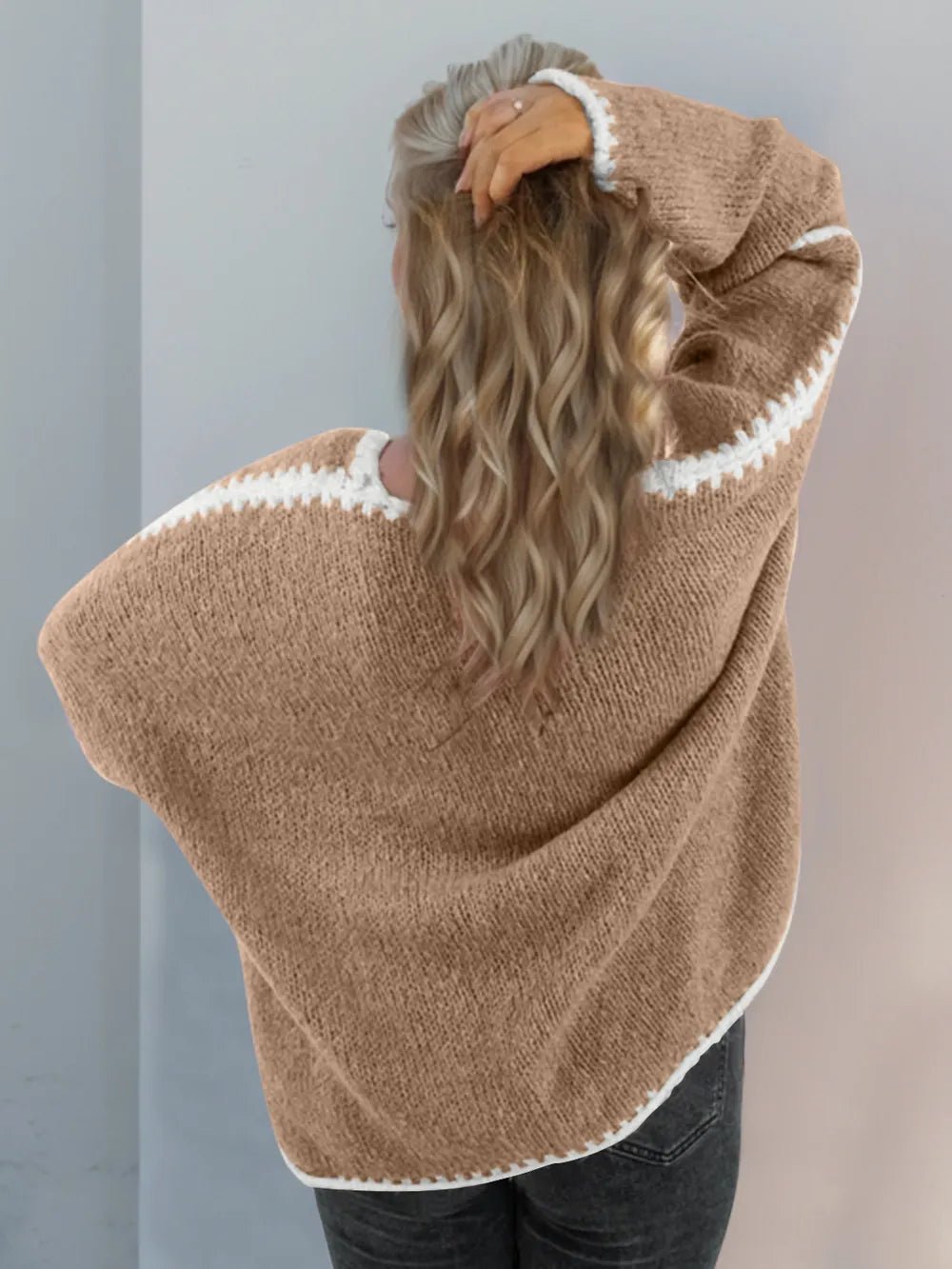 Double Take Contrast Open Front Dropped Shoulder Cardigan - MAD RUFFI