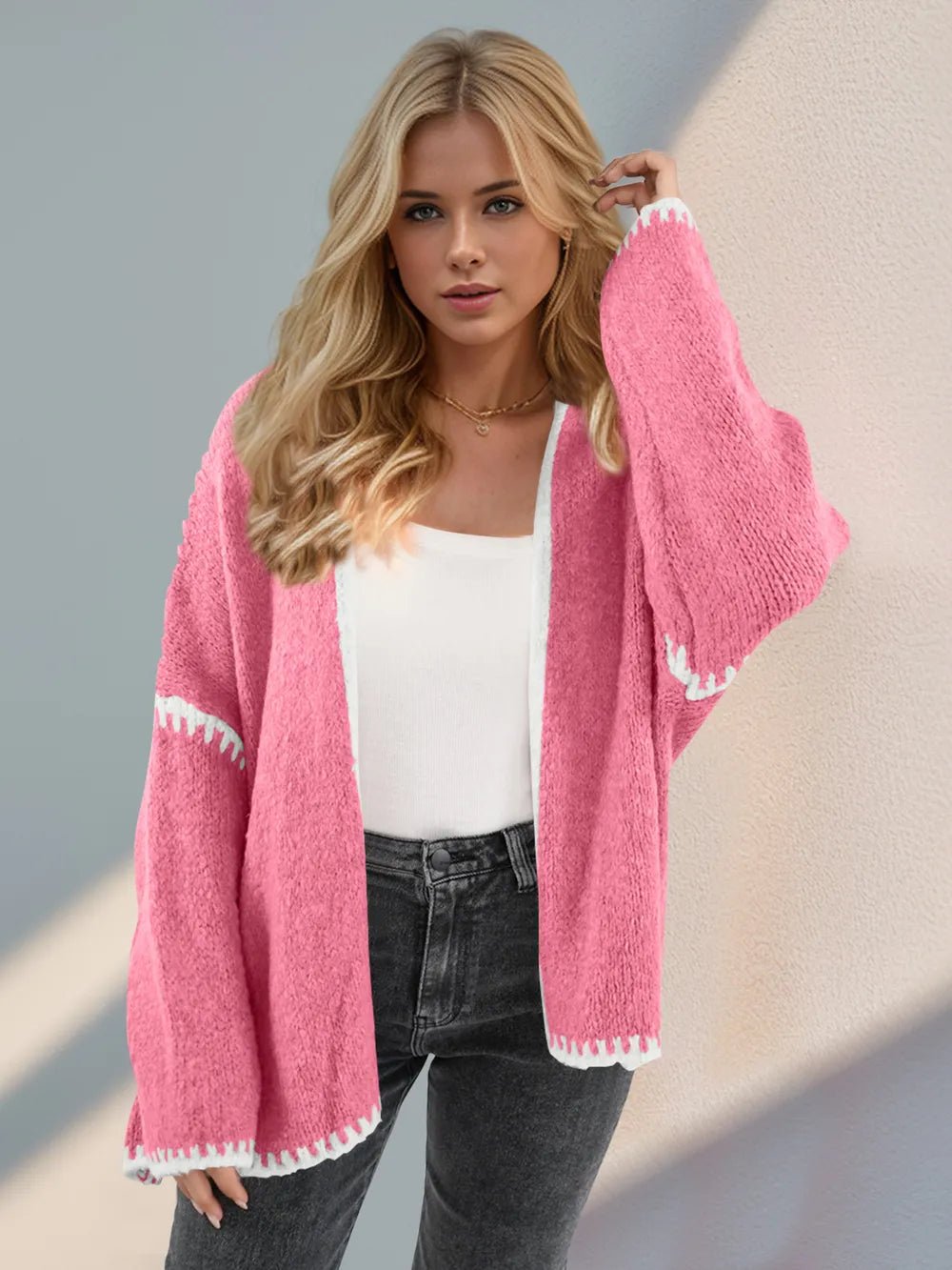 Double Take Contrast Open Front Dropped Shoulder Cardigan - MAD RUFFI