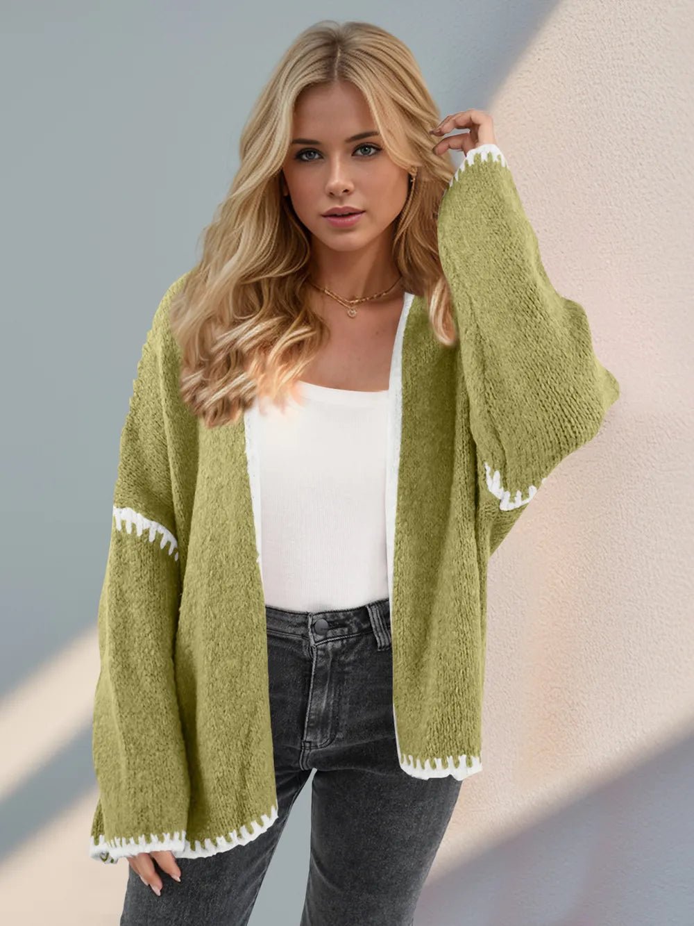 Double Take Contrast Open Front Dropped Shoulder Cardigan - MAD RUFFI