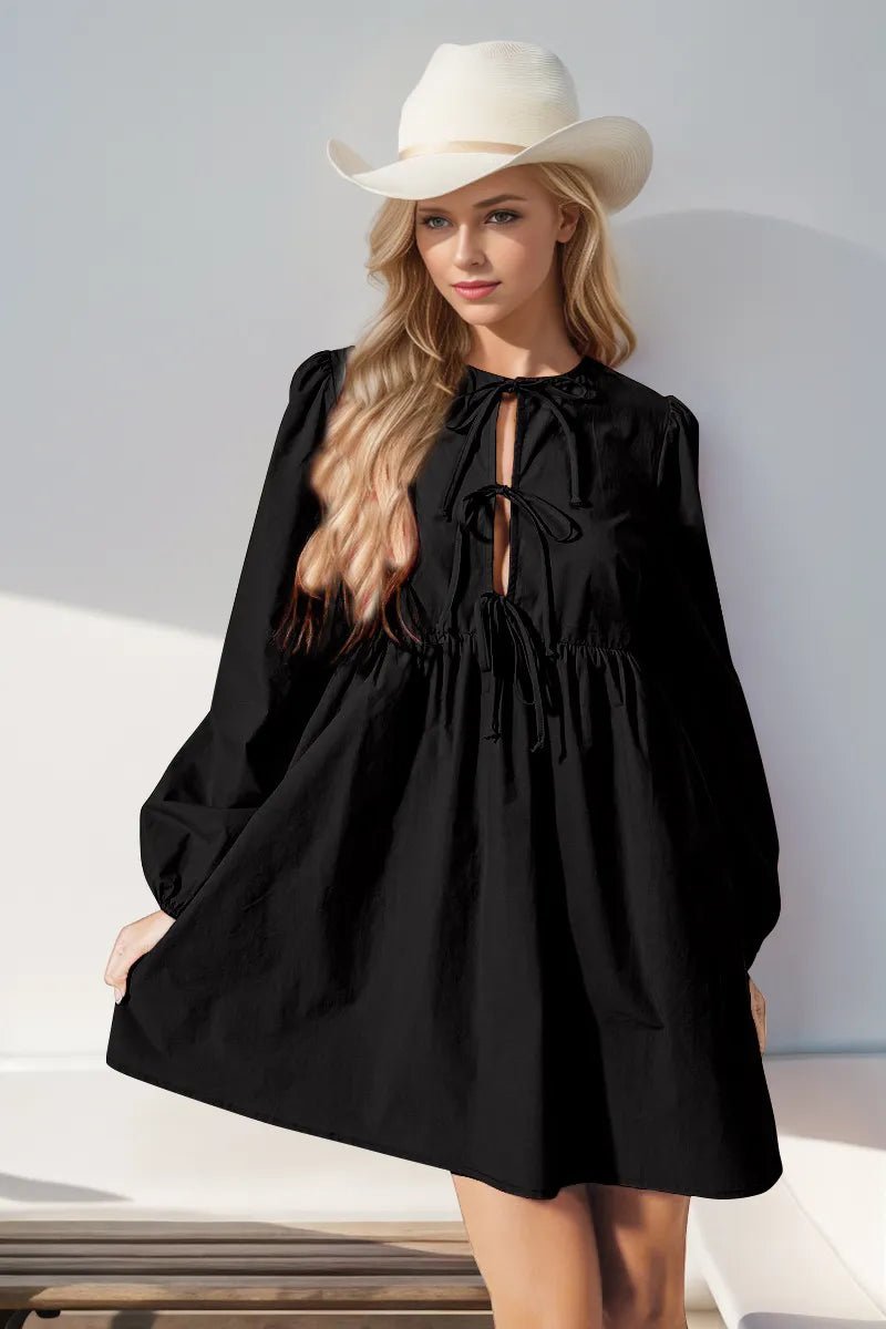 Double Take Front - Tied Long Sleeve Mini Dress - MAD RUFFI