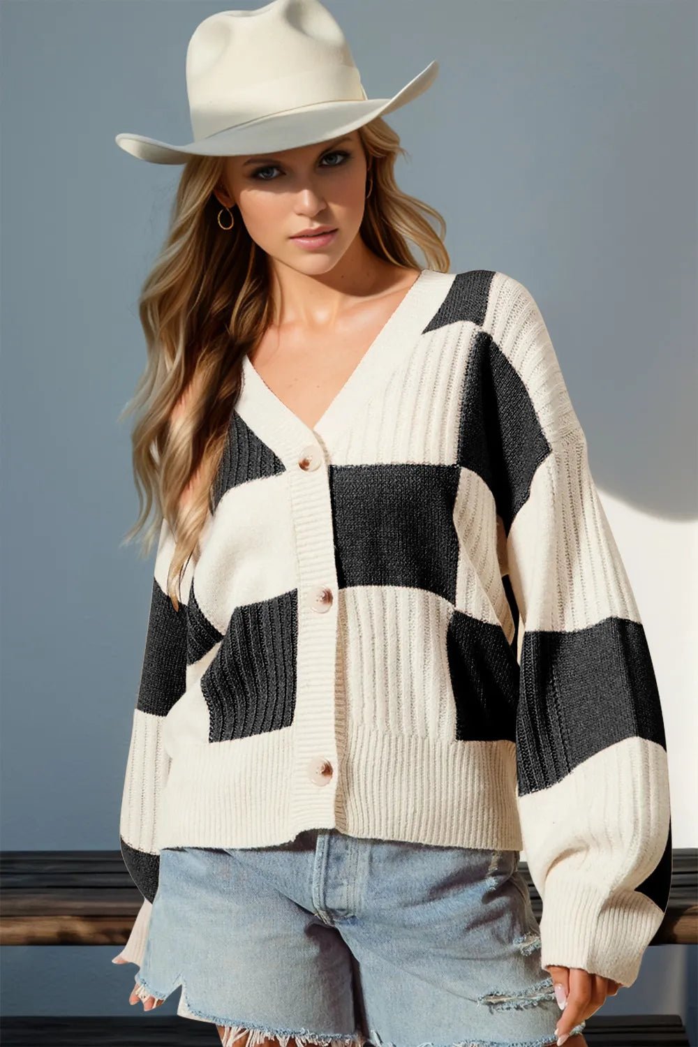 Double Take Full Size Checkered Dropped Shoulder Cardigan - MAD RUFFI