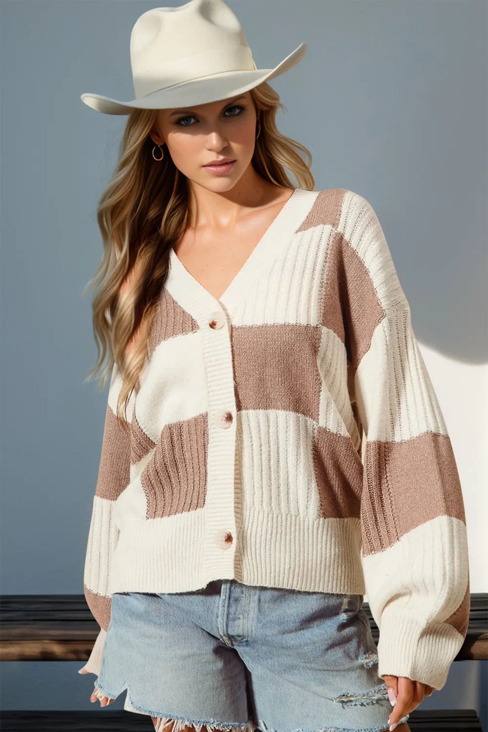 Double Take Full Size Checkered Dropped Shoulder Cardigan - MAD RUFFI