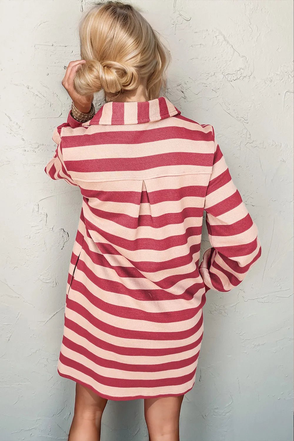 Double Take Full Size Striped Contrast Collared Neck Long Sleeve Dress - MAD RUFFI
