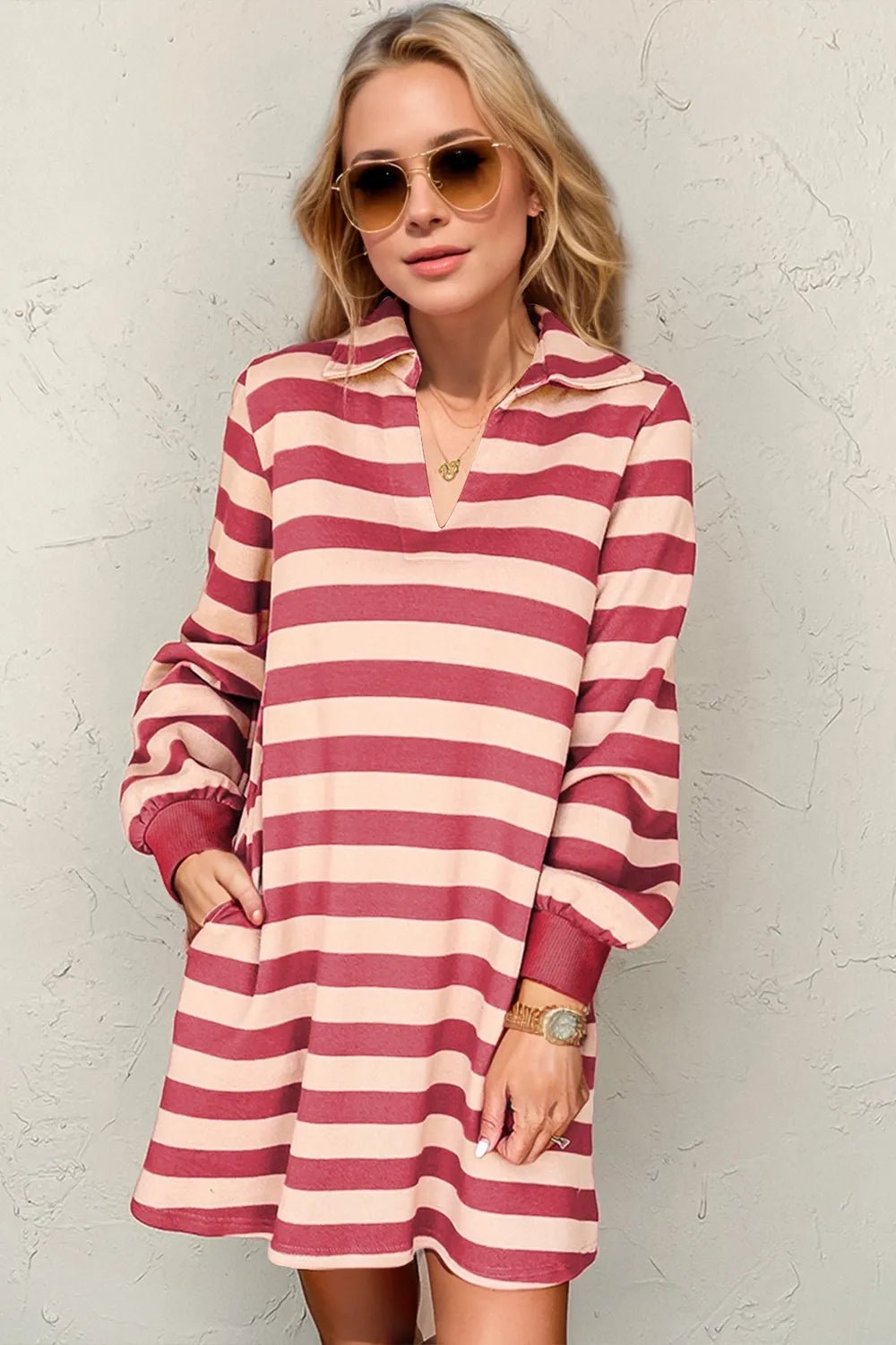 Double Take Full Size Striped Contrast Collared Neck Long Sleeve Dress - MAD RUFFI