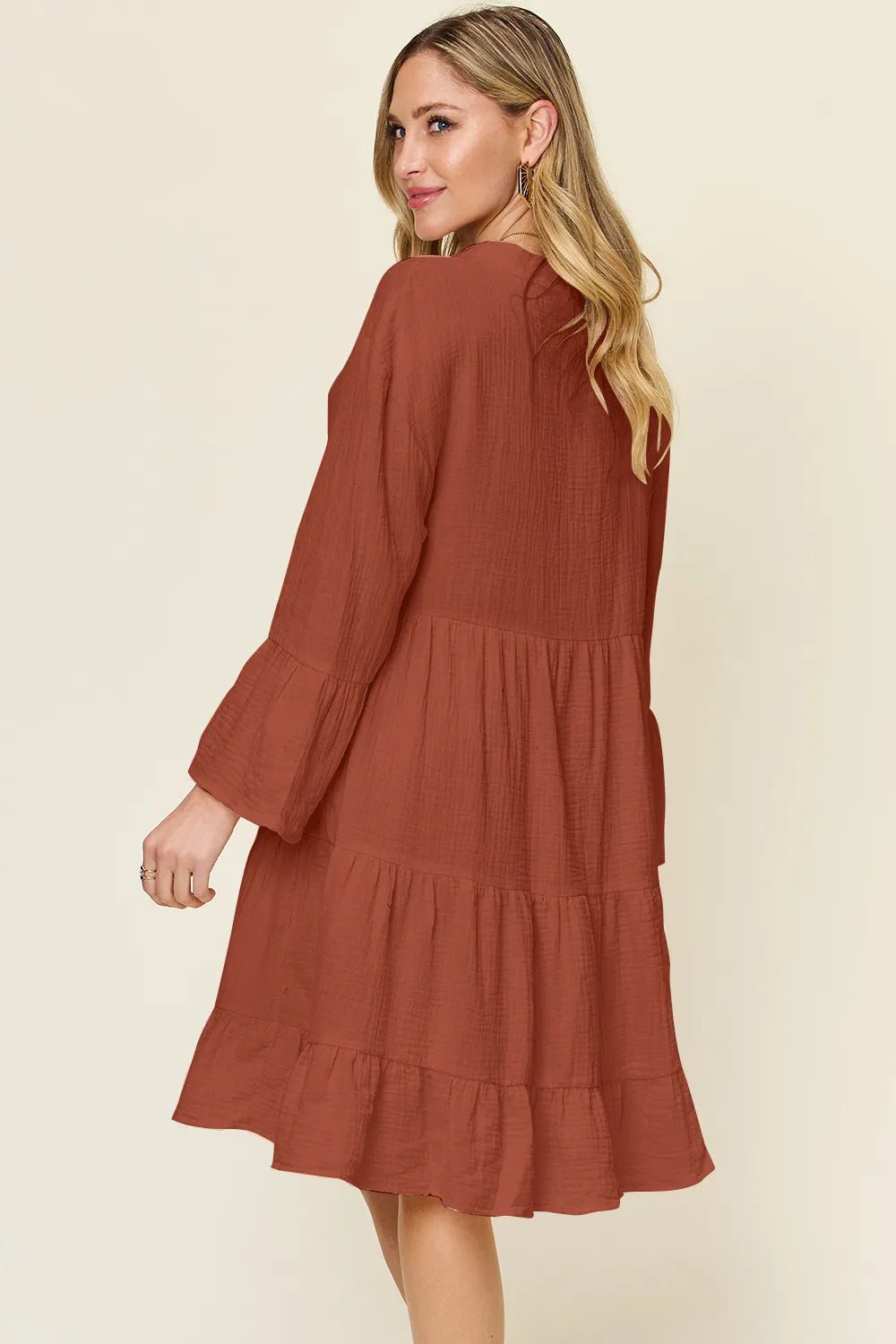 Double Take Full Size Texture Button Up Ruffle Hem Dress - MAD RUFFI