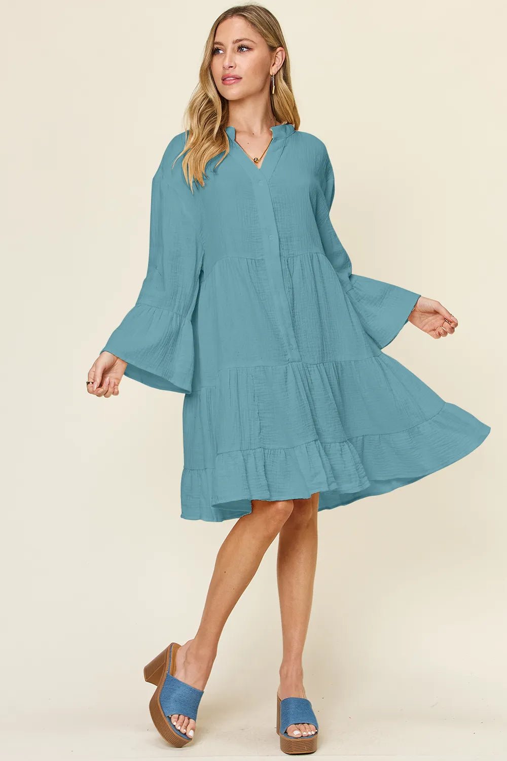 Double Take Full Size Texture Button Up Ruffle Hem Dress - MAD RUFFI
