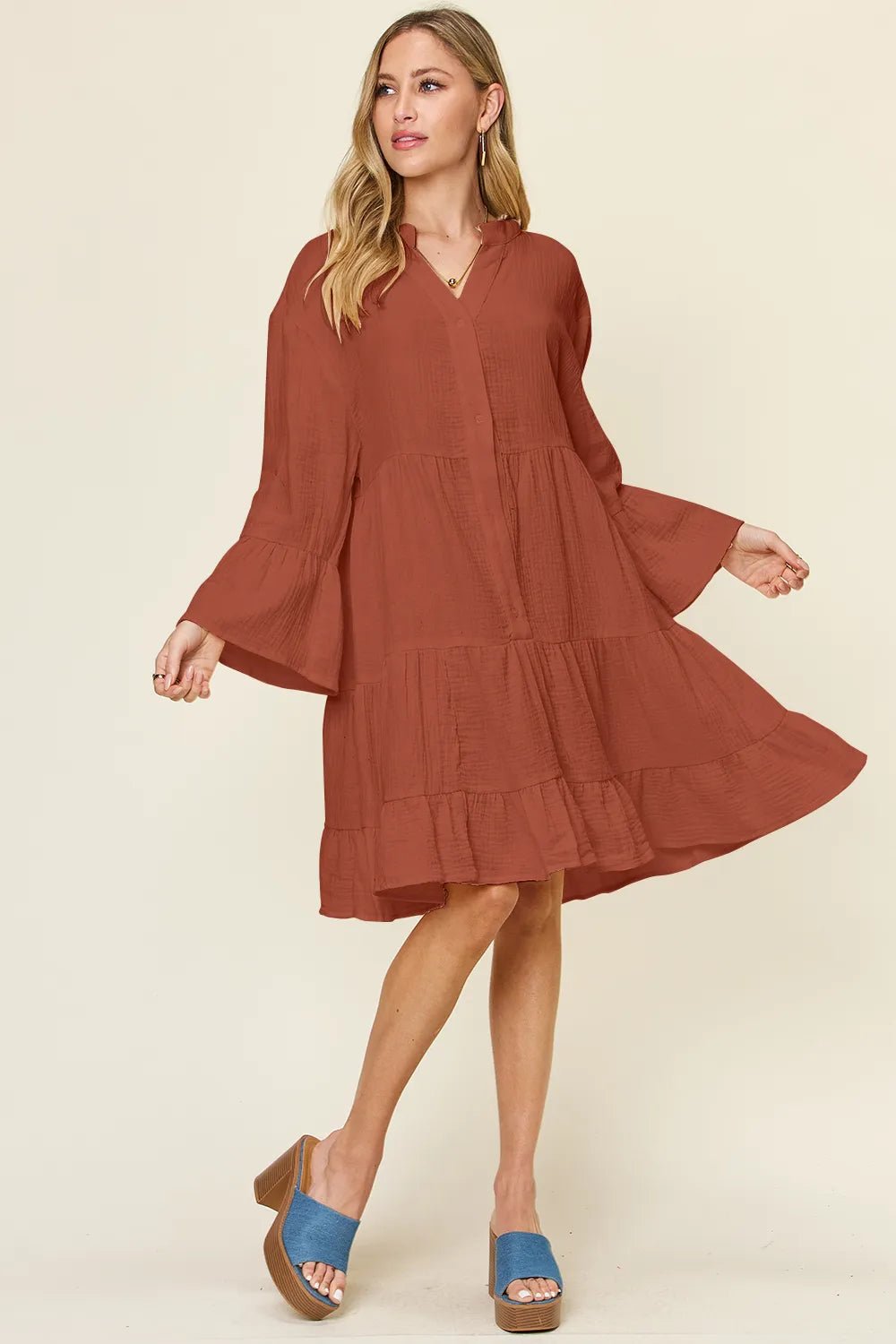 Double Take Full Size Texture Button Up Ruffle Hem Dress - MAD RUFFI