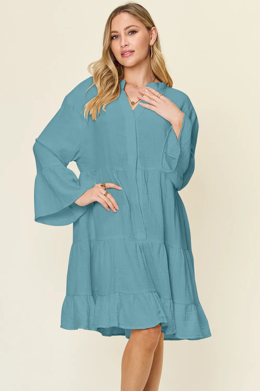 Double Take Full Size Texture Button Up Ruffle Hem Dress - MAD RUFFI