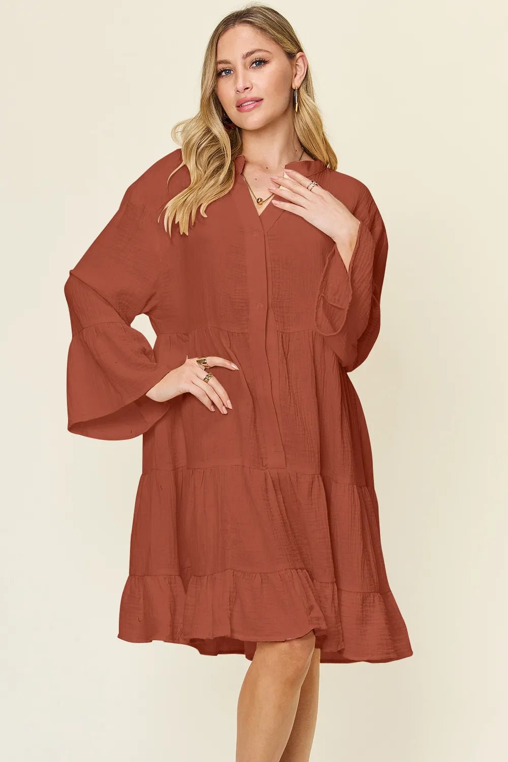 Double Take Full Size Texture Button Up Ruffle Hem Dress - MAD RUFFI