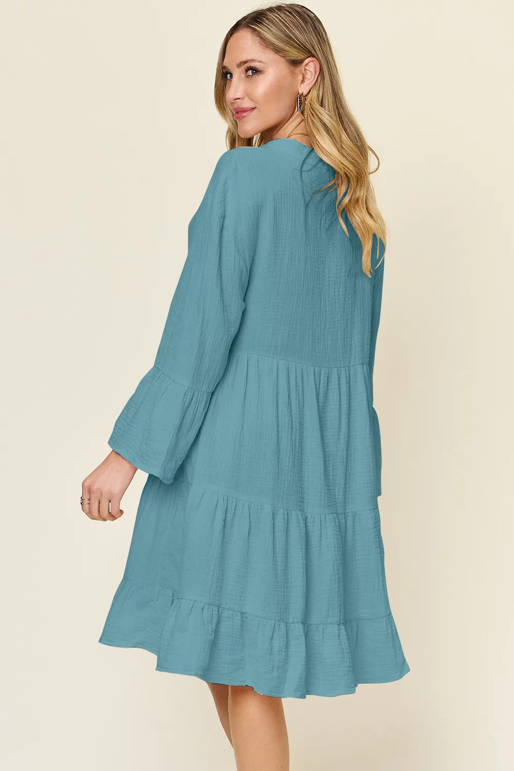 Double Take Full Size Texture Button Up Ruffle Hem Dress - MAD RUFFI