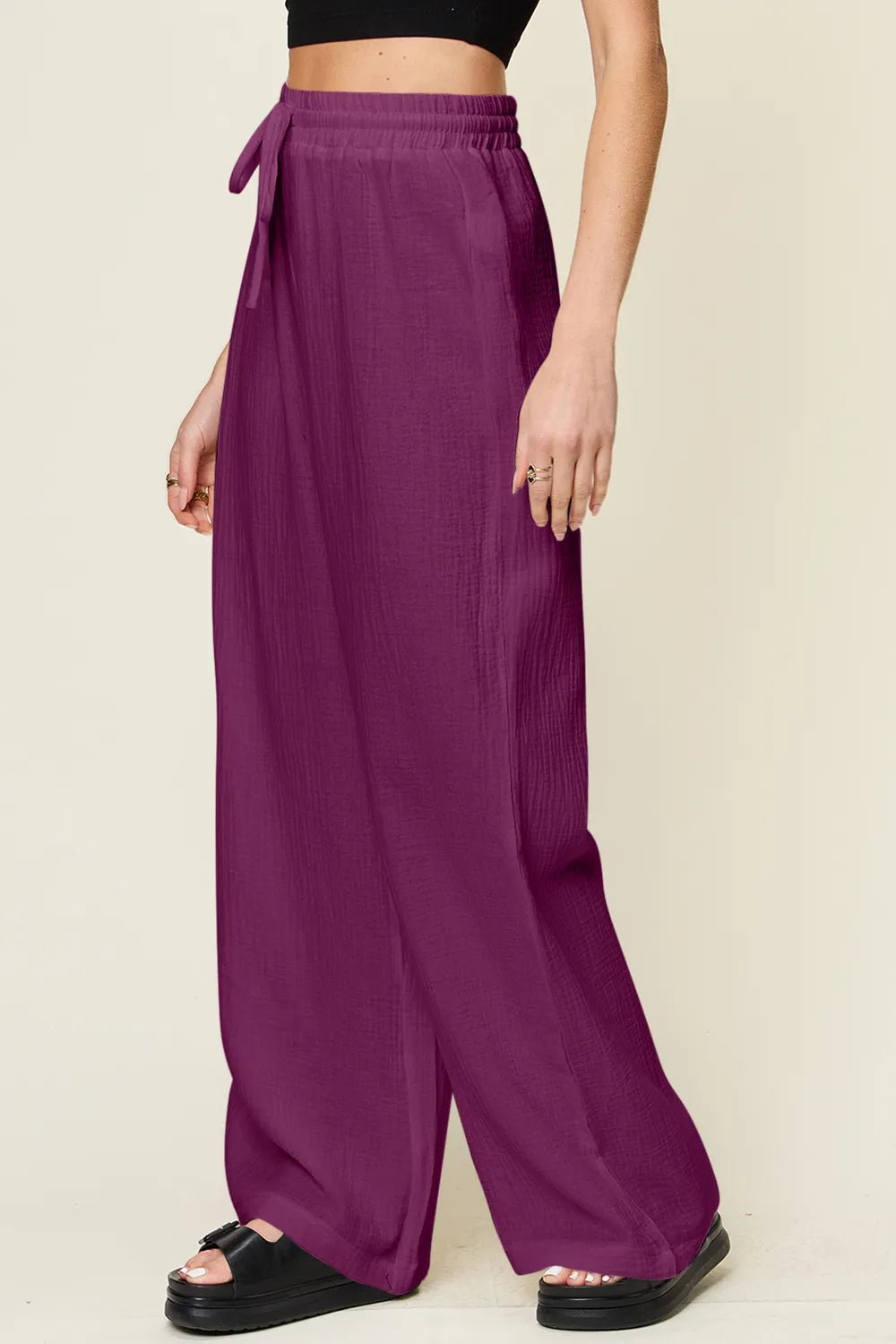 Double Take Full Size Texture Drawstring Wide Leg Pants - MAD RUFFI