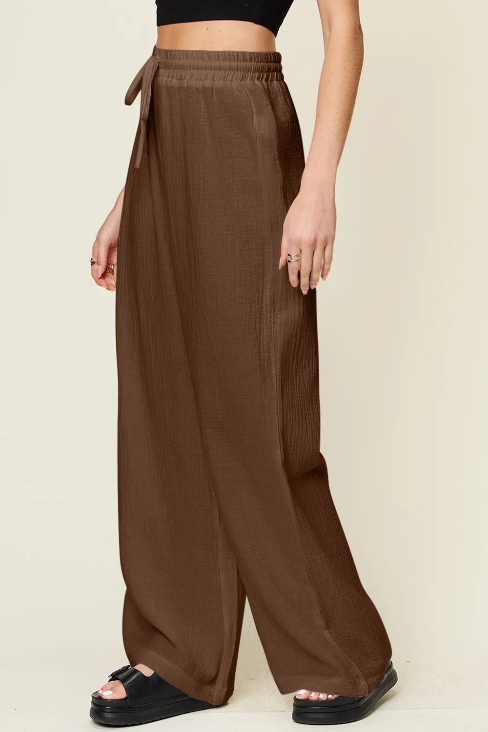Double Take Full Size Texture Drawstring Wide Leg Pants - MAD RUFFI