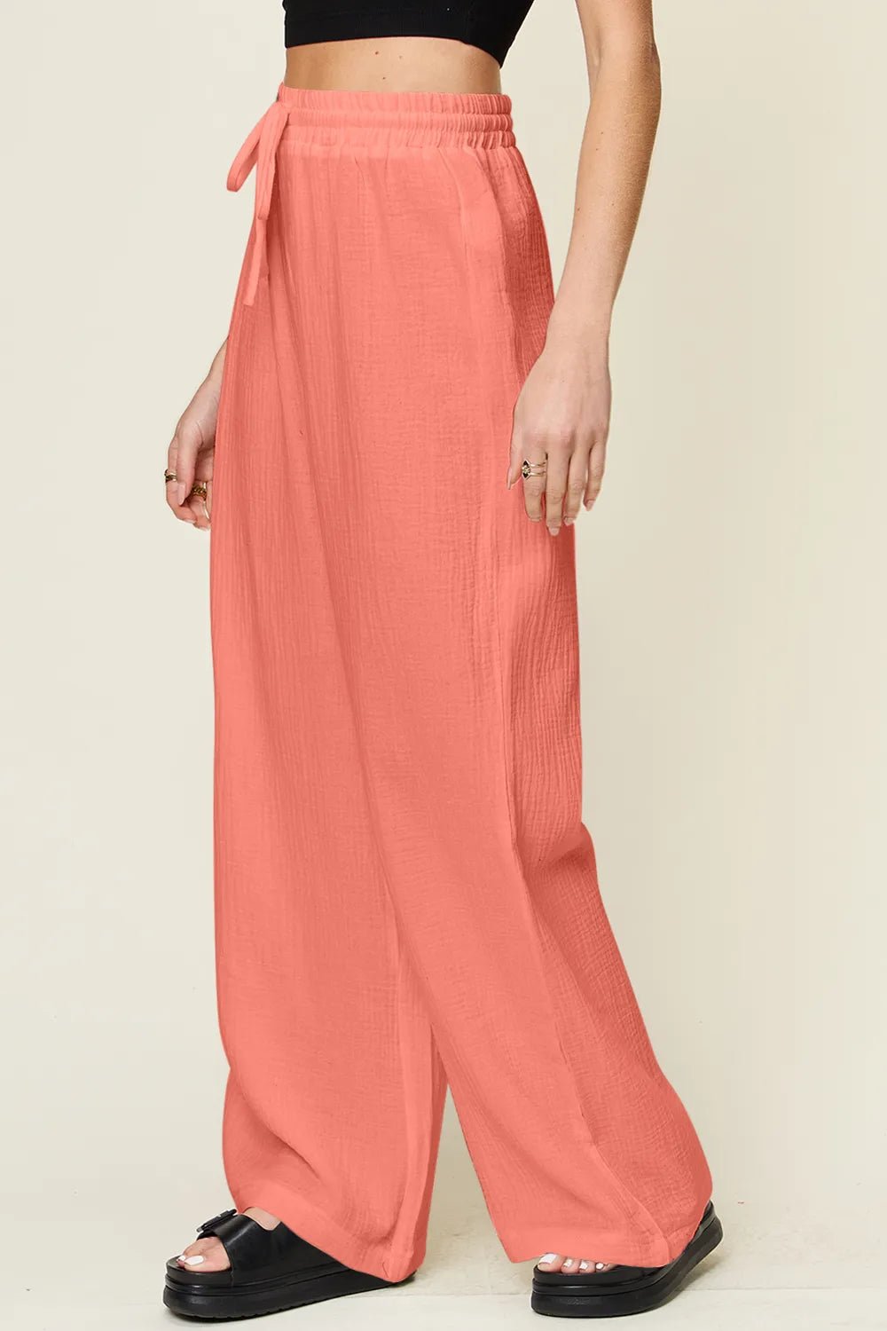Double Take Full Size Texture Drawstring Wide Leg Pants - MAD RUFFI
