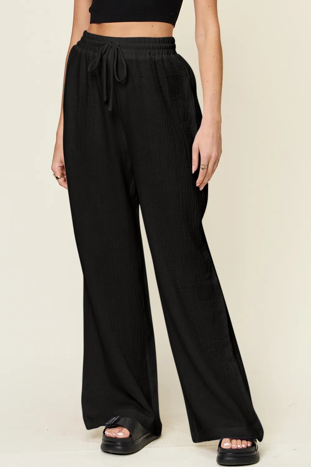 Double Take Full Size Texture Drawstring Wide Leg Pants - MAD RUFFI