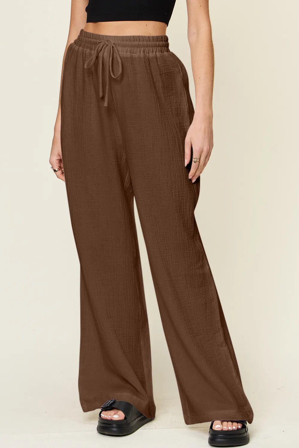 Double Take Full Size Texture Drawstring Wide Leg Pants - MAD RUFFI