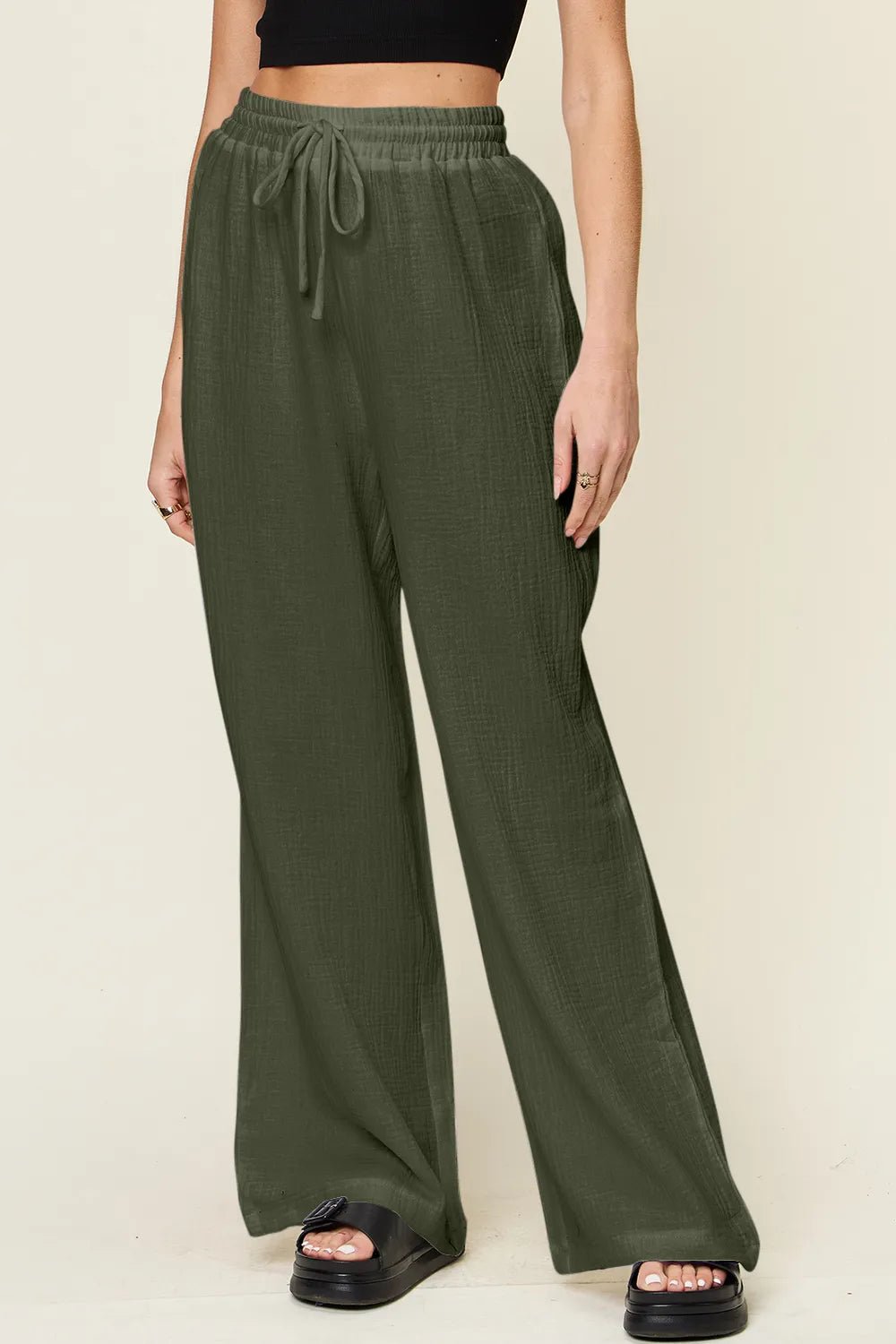 Double Take Full Size Texture Drawstring Wide Leg Pants - MAD RUFFI