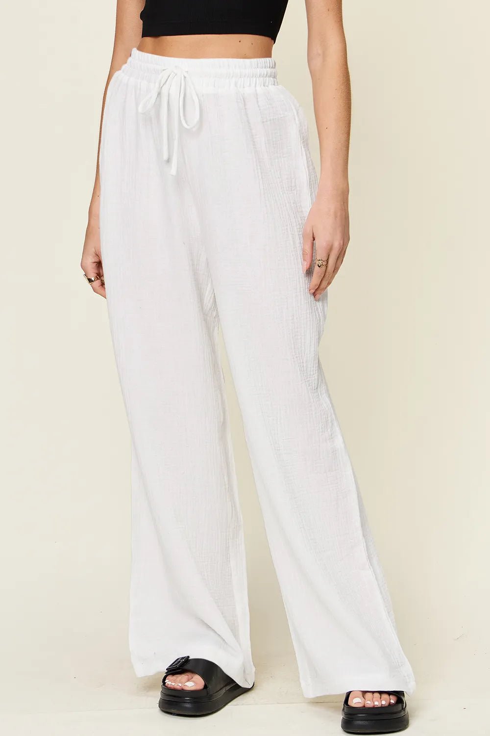 Double Take Full Size Texture Drawstring Wide Leg Pants - MAD RUFFI