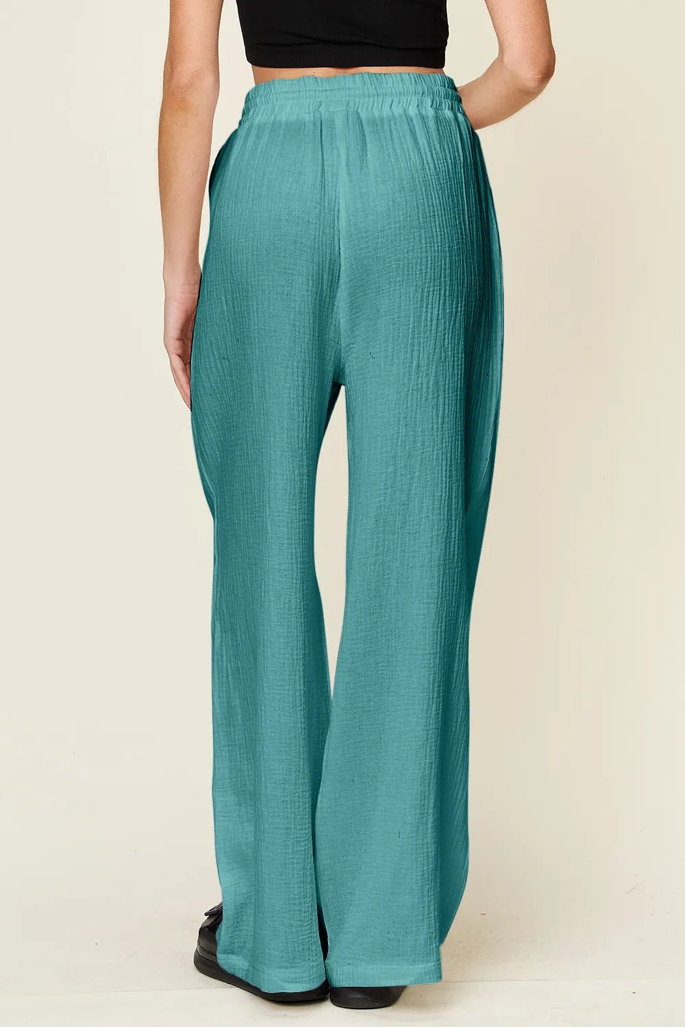 Double Take Full Size Texture Drawstring Wide Leg Pants - MAD RUFFI