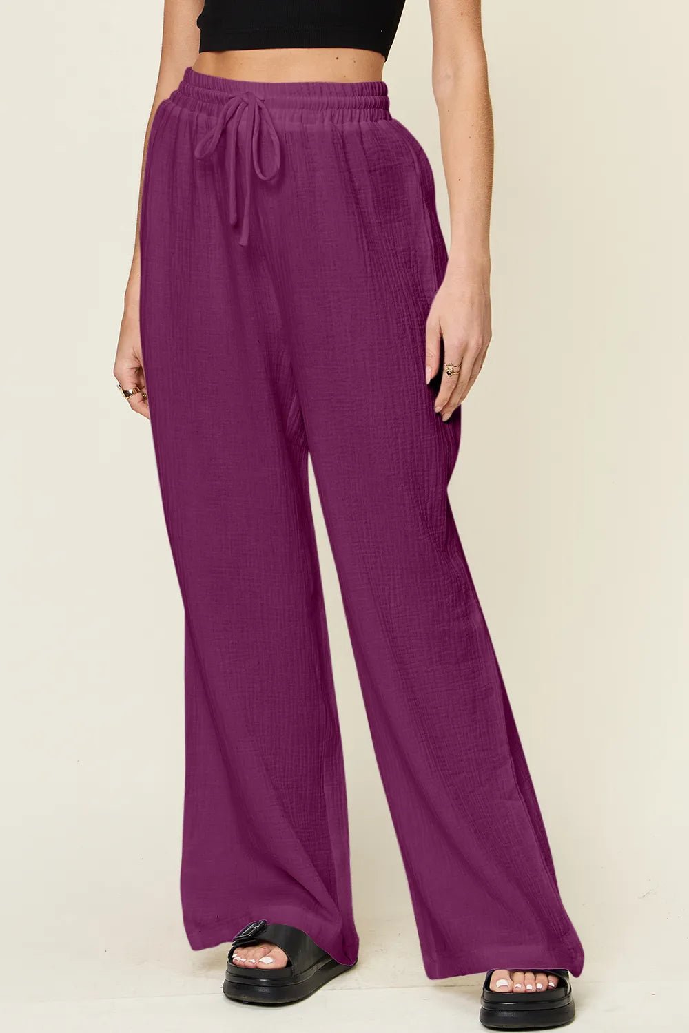 Double Take Full Size Texture Drawstring Wide Leg Pants - MAD RUFFI