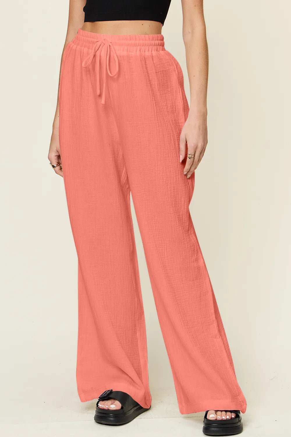 Double Take Full Size Texture Drawstring Wide Leg Pants - MAD RUFFI