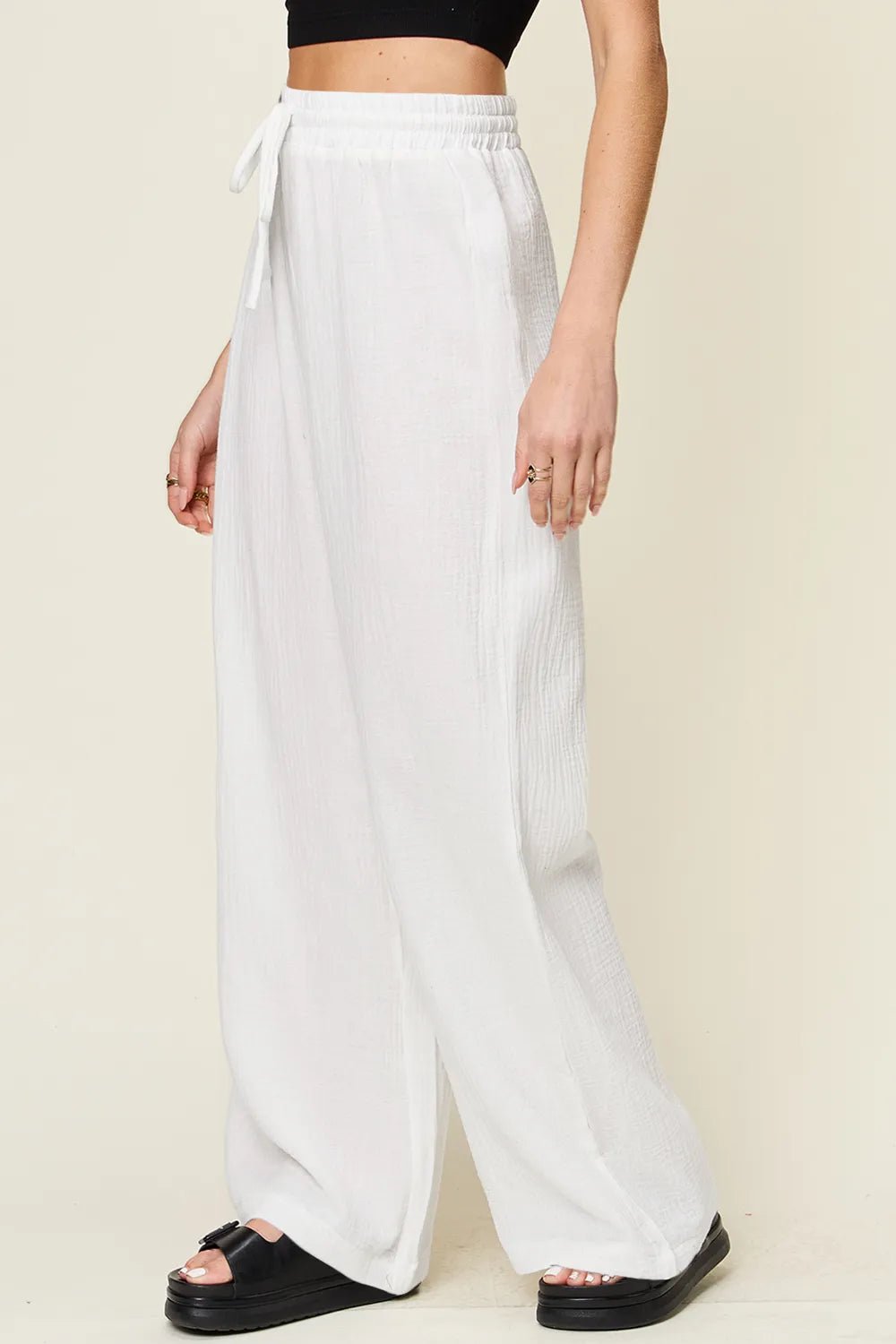 Double Take Full Size Texture Drawstring Wide Leg Pants - MAD RUFFI