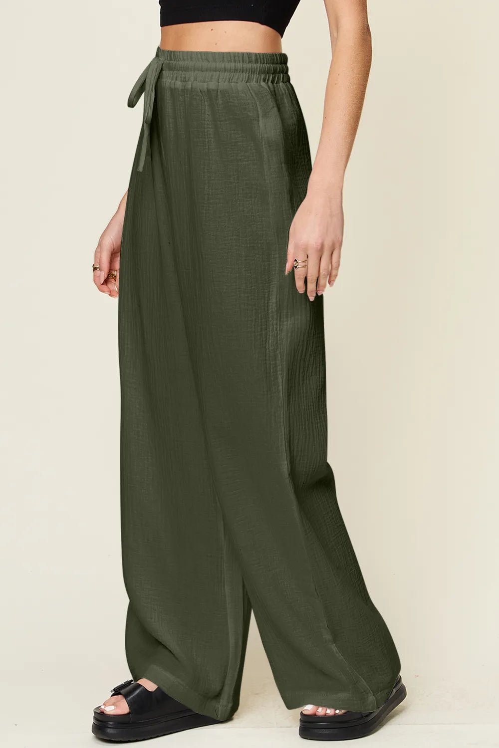 Double Take Full Size Texture Drawstring Wide Leg Pants - MAD RUFFI