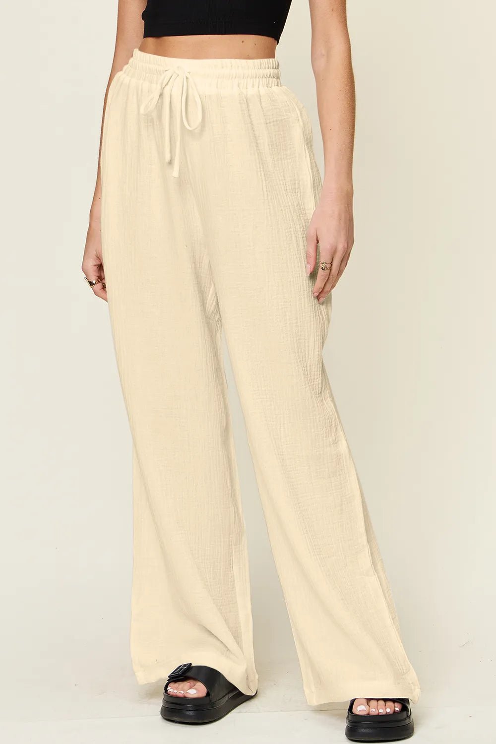 Double Take Full Size Texture Drawstring Wide Leg Pants - MAD RUFFI