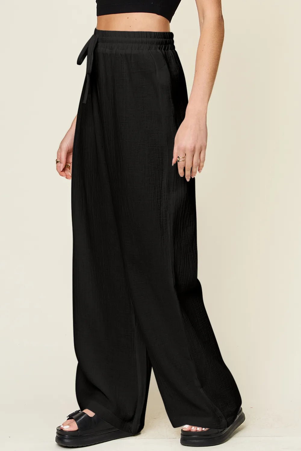 Double Take Full Size Texture Drawstring Wide Leg Pants - MAD RUFFI