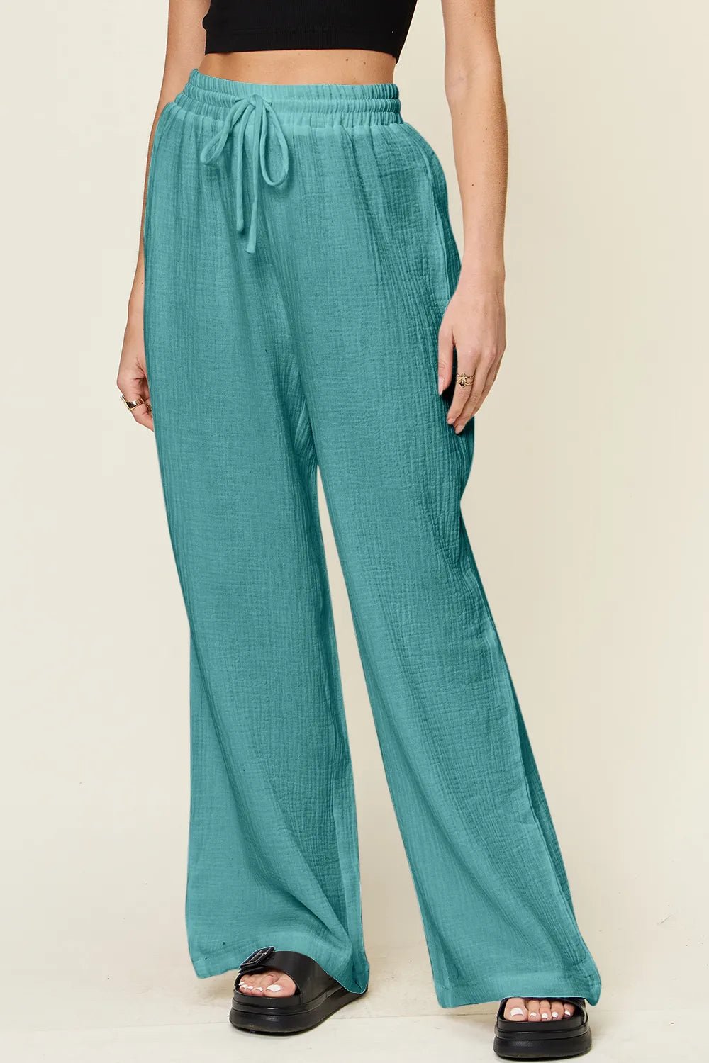 Double Take Full Size Texture Drawstring Wide Leg Pants - MAD RUFFI