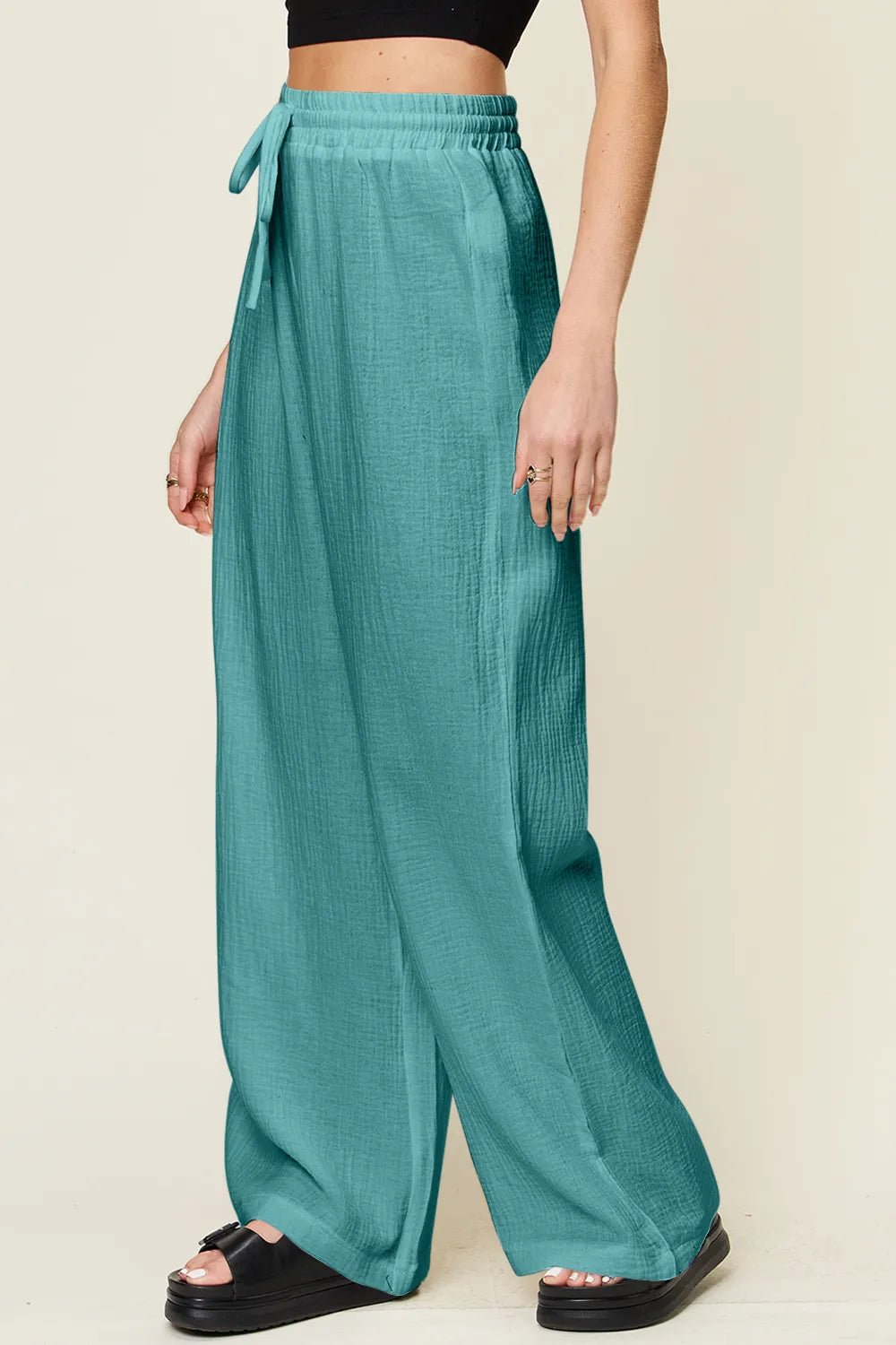 Double Take Full Size Texture Drawstring Wide Leg Pants - MAD RUFFI