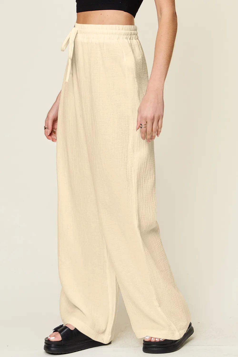 Double Take Full Size Texture Drawstring Wide Leg Pants - MAD RUFFI