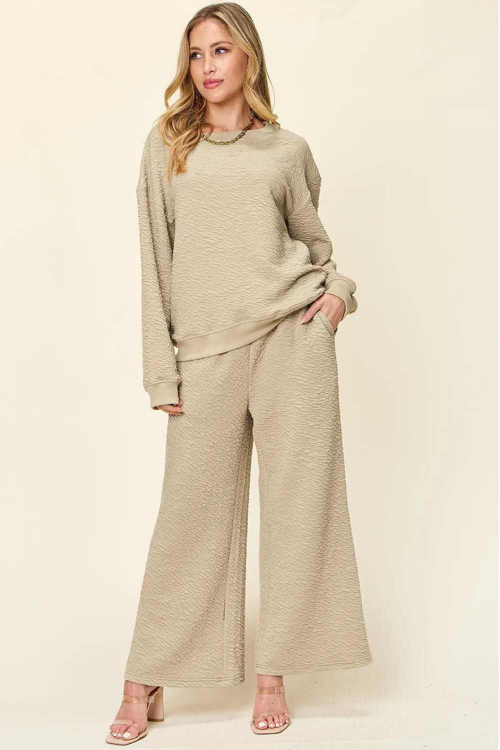 Double Take Full Size Texture Long Sleeve Top and Pants Set - MAD RUFFI