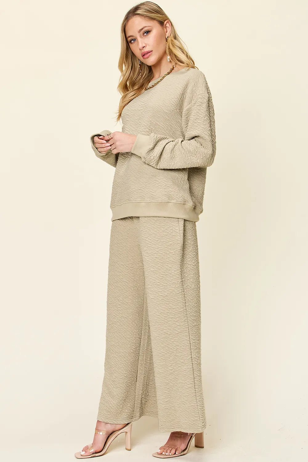Double Take Full Size Texture Long Sleeve Top and Pants Set - MAD RUFFI