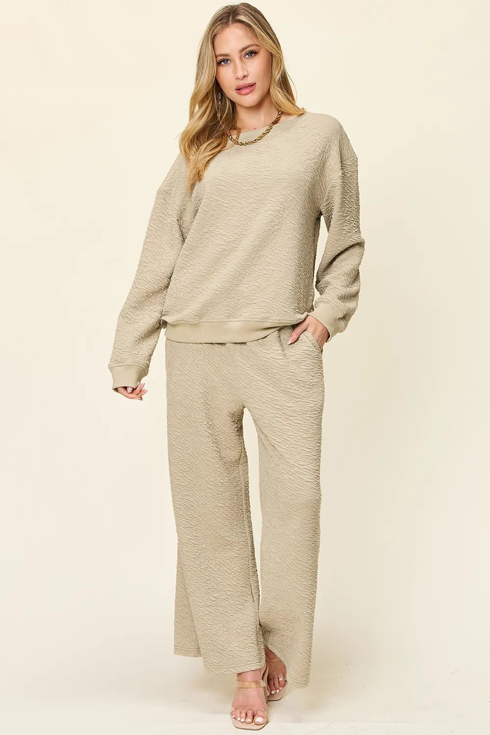 Double Take Full Size Texture Long Sleeve Top and Pants Set - MAD RUFFI