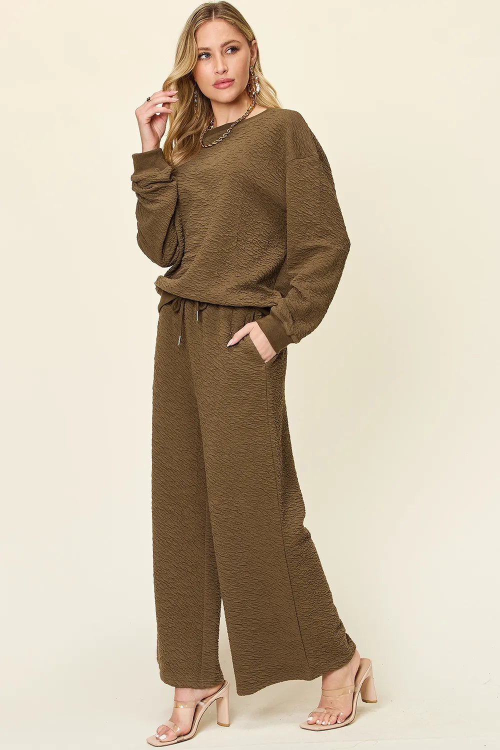 Double Take Full Size Texture Long Sleeve Top and Pants Set - MAD RUFFI
