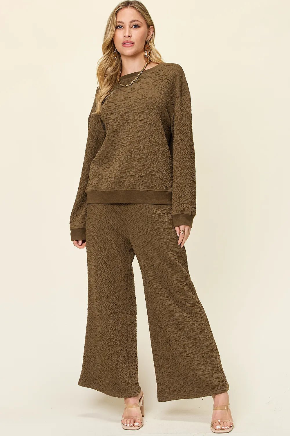 Double Take Full Size Texture Long Sleeve Top and Pants Set - MAD RUFFI