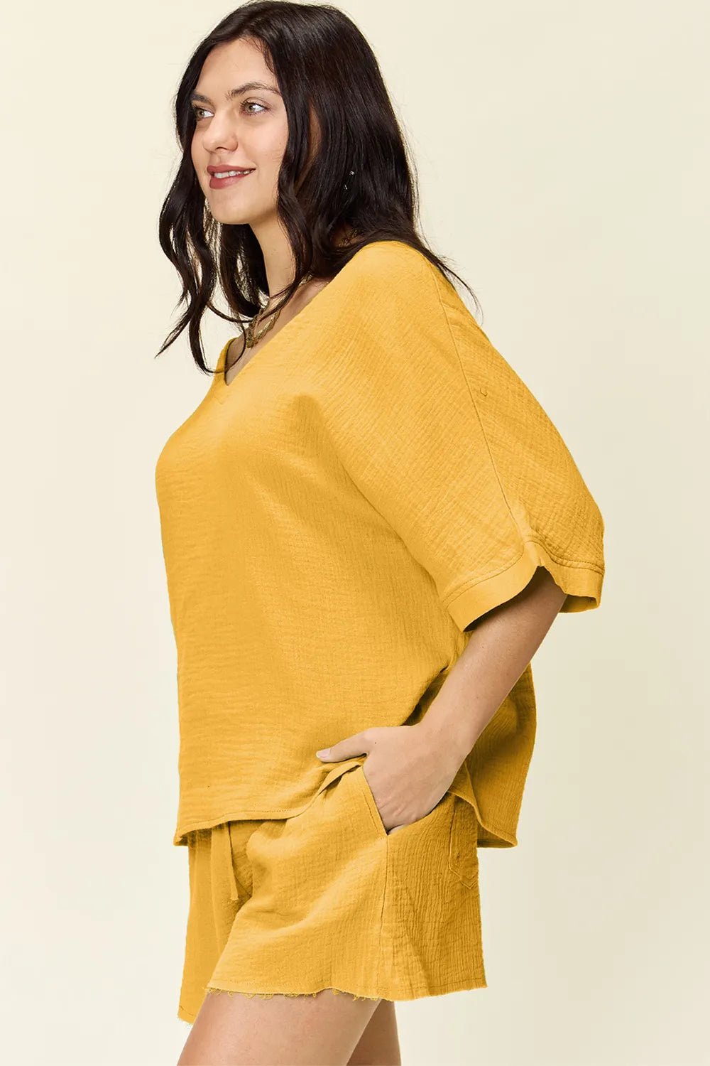 Double Take Texture Half Sleeve T-Shirt and Drawstring Shorts Set - MAD RUFFI