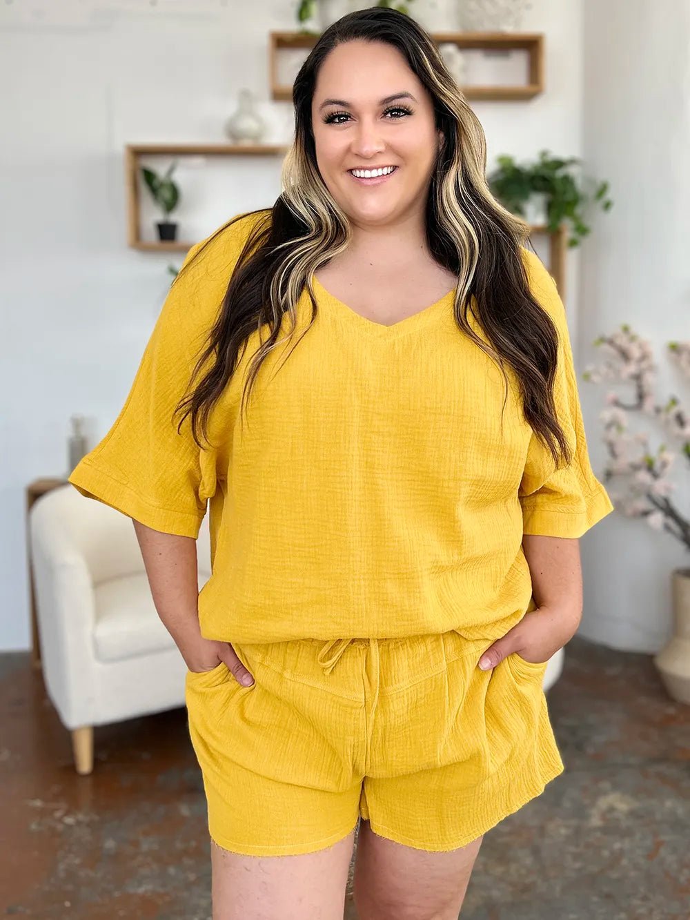 Double Take Texture Half Sleeve T-Shirt and Drawstring Shorts Set - MAD RUFFI