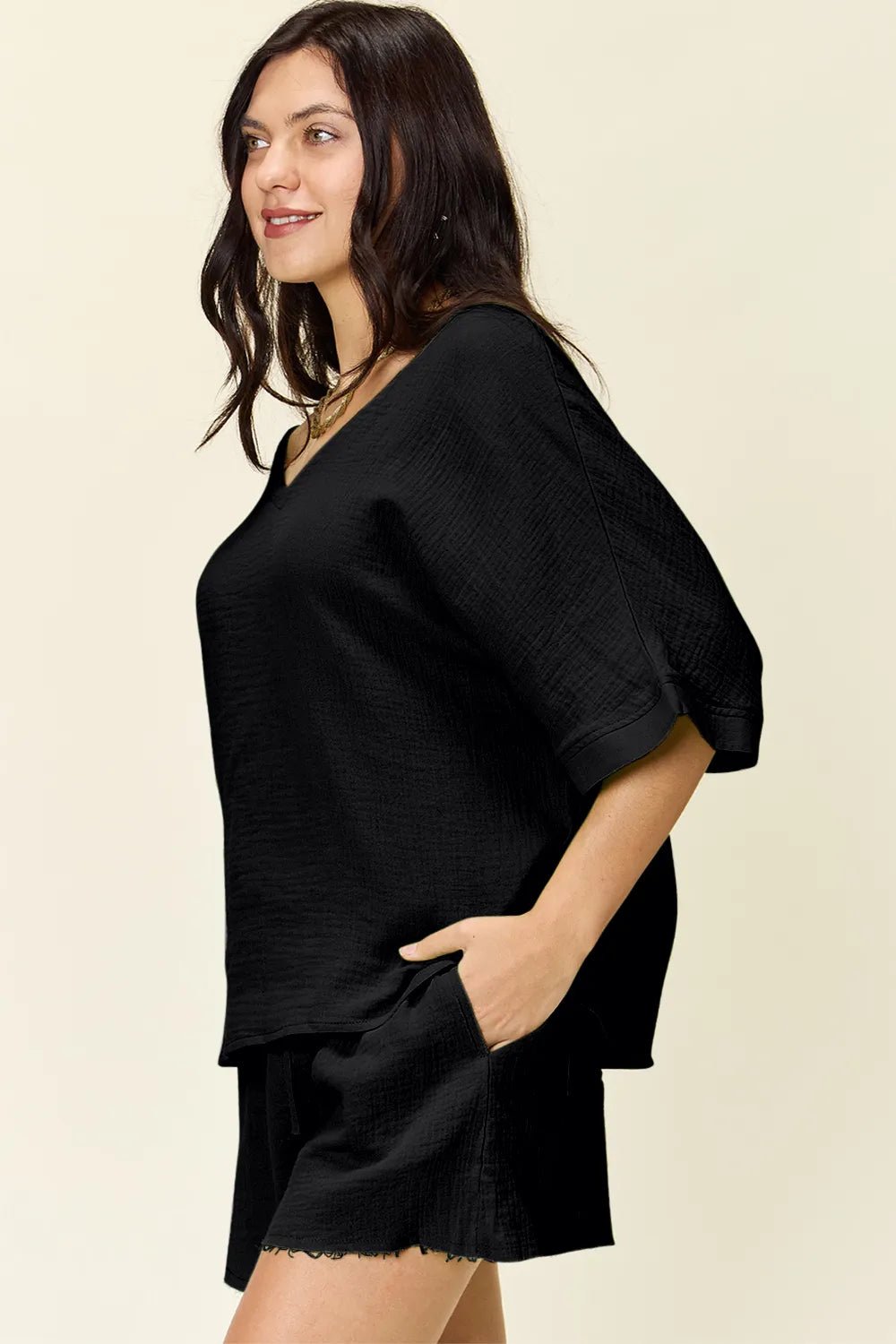 Double Take Texture Half Sleeve T-Shirt and Drawstring Shorts Set - MAD RUFFI