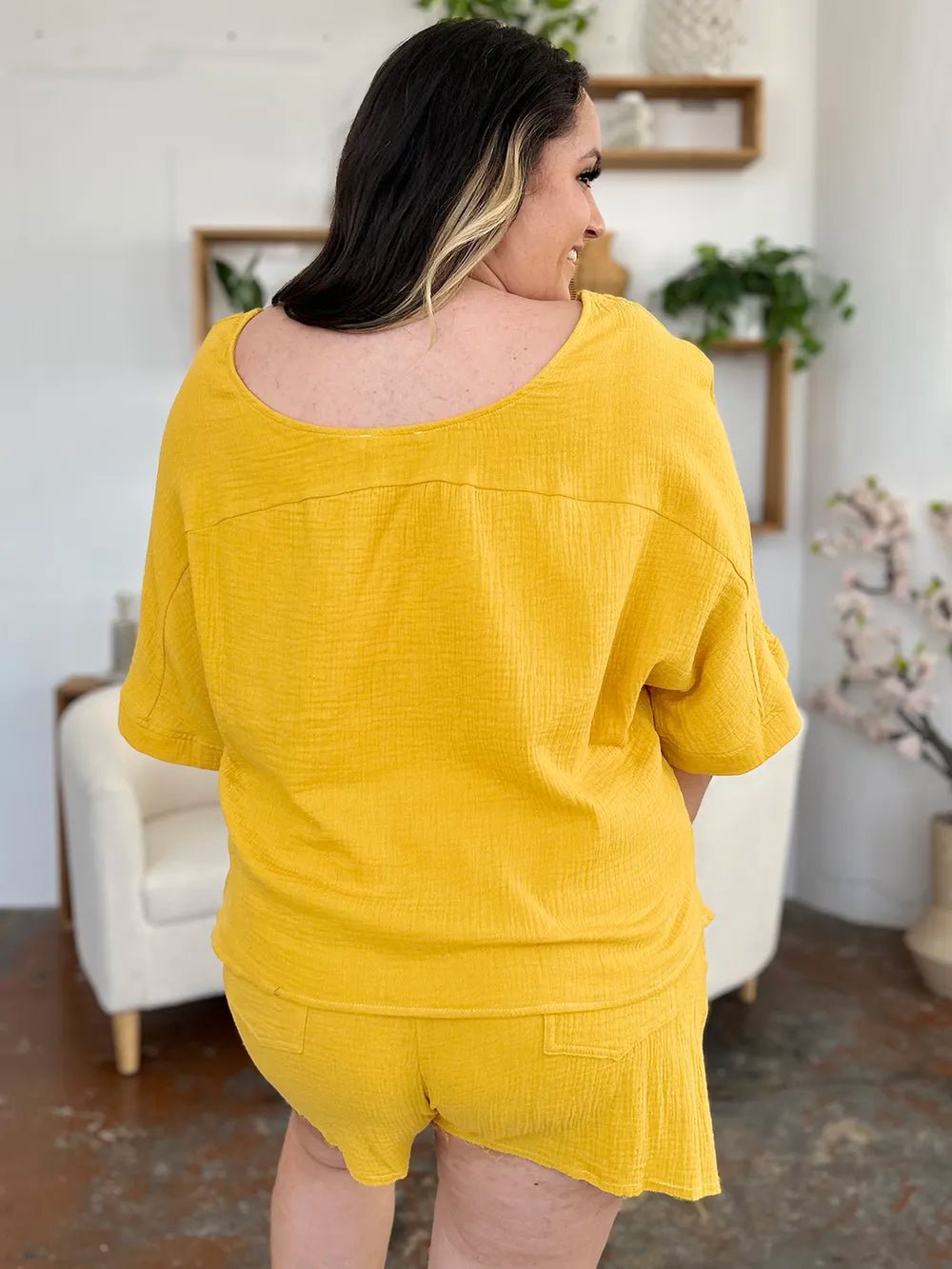 Double Take Texture Half Sleeve T-Shirt and Drawstring Shorts Set - MAD RUFFI