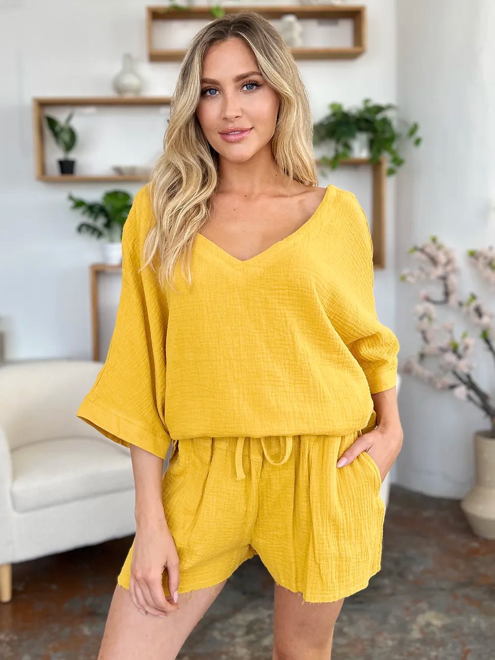 Double Take Texture Half Sleeve T-Shirt and Drawstring Shorts Set - MAD RUFFI