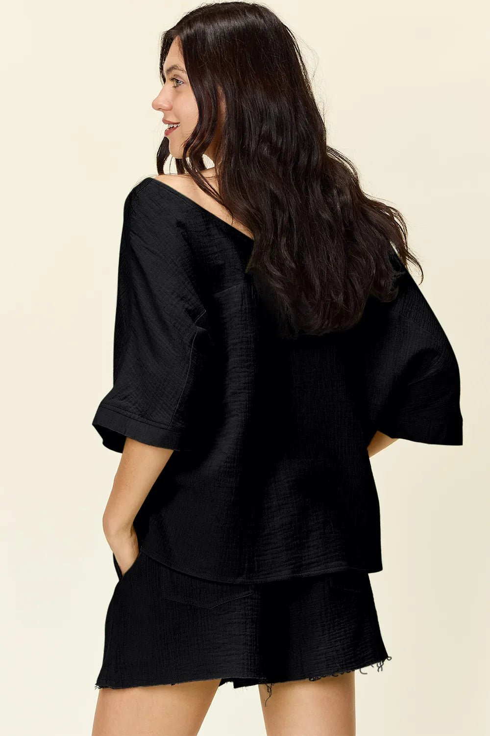 Double Take Texture Half Sleeve T-Shirt and Drawstring Shorts Set - MAD RUFFI