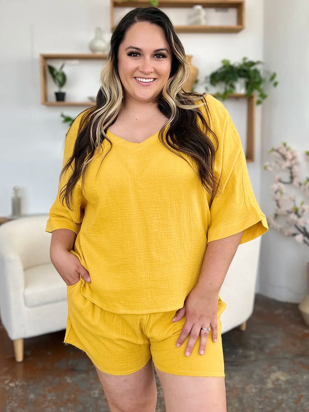 Double Take Texture Half Sleeve T-Shirt and Drawstring Shorts Set - MAD RUFFI