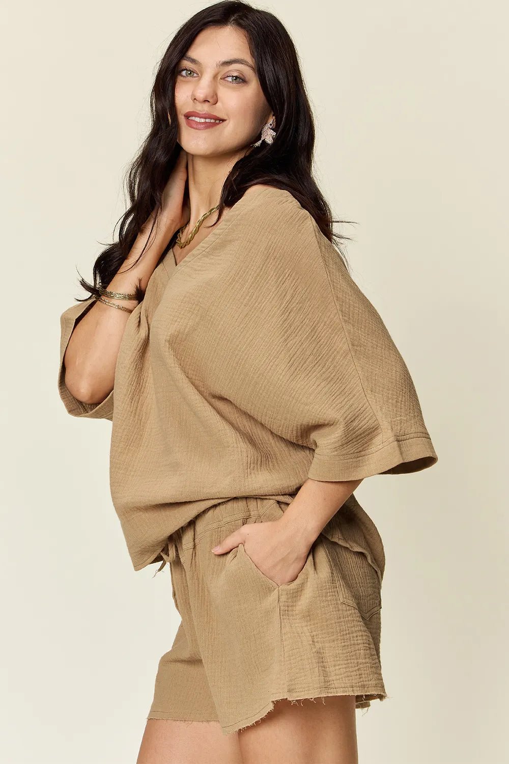 Double Take Texture Half Sleeve T-Shirt and Drawstring Shorts Set - MAD RUFFI