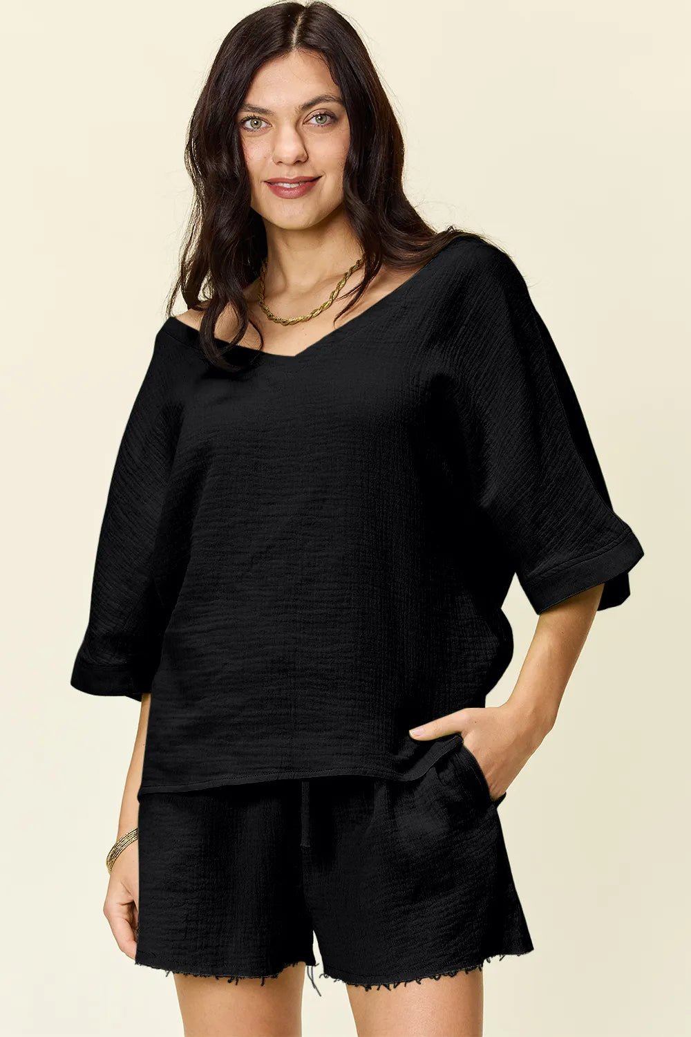 Double Take Texture Half Sleeve T-Shirt and Drawstring Shorts Set - MAD RUFFI