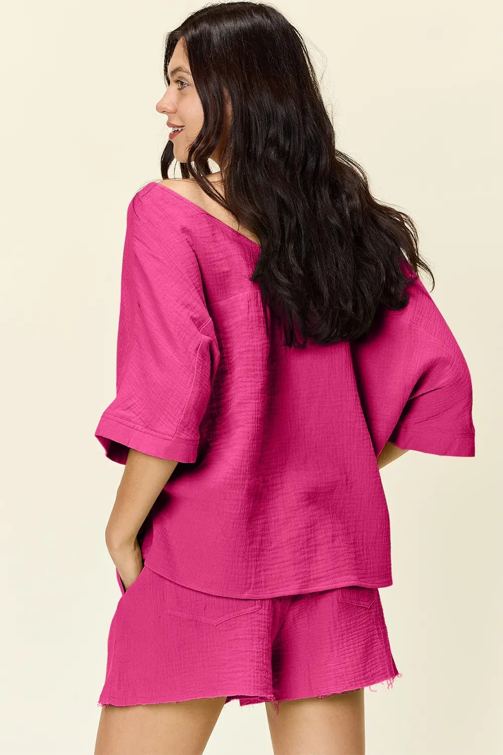 Double Take Texture Half Sleeve T-Shirt and Drawstring Shorts Set - MAD RUFFI