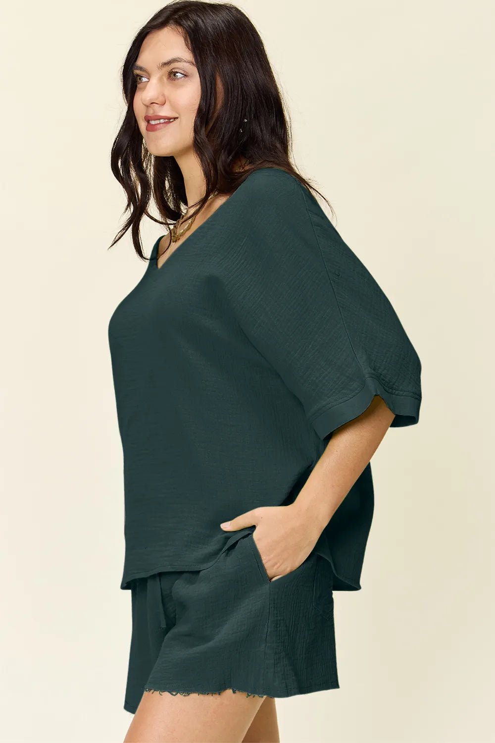 Double Take Texture Half Sleeve T-Shirt and Drawstring Shorts Set - MAD RUFFI