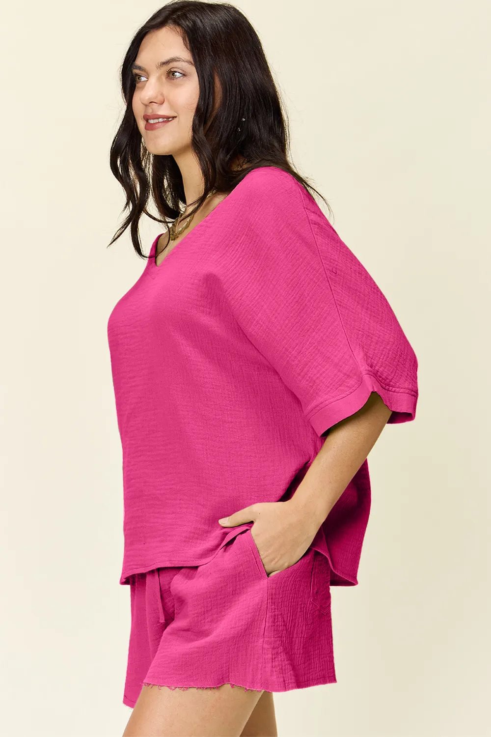 Double Take Texture Half Sleeve T-Shirt and Drawstring Shorts Set - MAD RUFFI