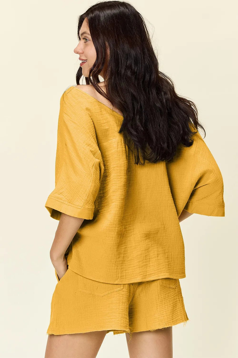 Double Take Texture Half Sleeve T-Shirt and Drawstring Shorts Set - MAD RUFFI